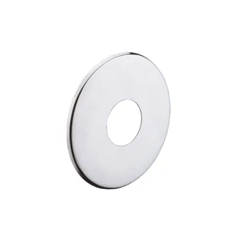 Hahnrosette aus verchromtem Material von Hansgrohe, mit runder Form und mittigem Loch. Geeignet zur Abdeckung von Löchern in Wänden oder Möbelfronten.